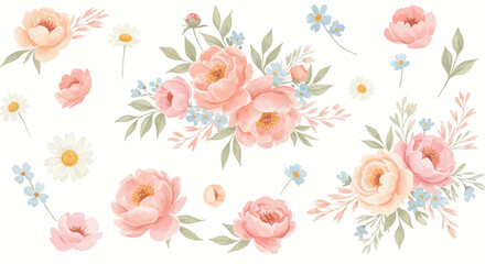 Watercolor floral elements featuring peonies, daisies, and forget-me-nots in soft pastel colors for design projects