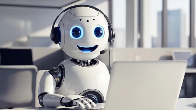 A friendly robot with a headset and laptop in an office, representing ai in customer service and technological support for businesses