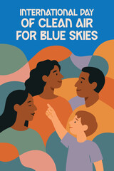 International Day of Clean Air for Blue Skies Poster: Colorful and engaging graphic of a child pointing up, symbolizing curiosity and hope for a clean, blue sky on the International Day of Clean Air