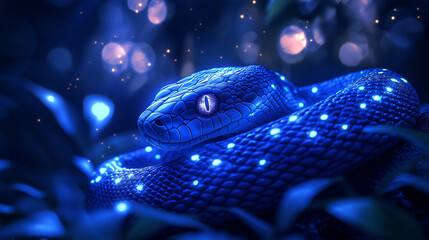Fototapeta premium Mysterious blue snake with glowing bioluminescent spots in magical forest setting