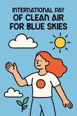 International Day of Clean Air for Blue Skies Poster: vibrant image of a person smiling under a sunny sky, representing the importance of clean air for blue skies