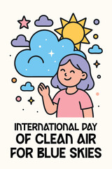 International Day of Clean Air for Blue Skies Poster: Smiling girl with purple hair waving in the sky filled with clouds, stars, and sun on International Day of Clean Air for Blue Skies