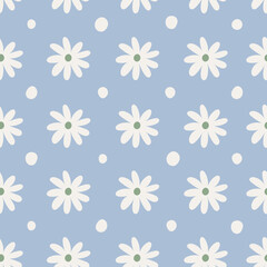 Pastel Daisy Seamless Pattern. Cute hand drawn Chamomile background with simple white flowers and dots. Minimalist childish design. Repeat vector illustration