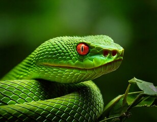 Obraz premium Intense close up of a green viper with fiery orange eyes in lush foliage