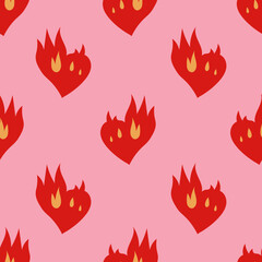 Burning Heart Seamless Pattern. Modern Love and Passion background with flame burst. Repeat vector illustration for valentines day decor and greeting card.