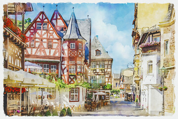 Obraz premium Watercolor painting of picturesque street scene with medieval half-timbered houses in the town of Bacharach, Rheinland-Pfalz, Germany.