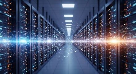 Server room with data connections and network visualization showcasing big data and advanced technology infrastructure for cloud computing