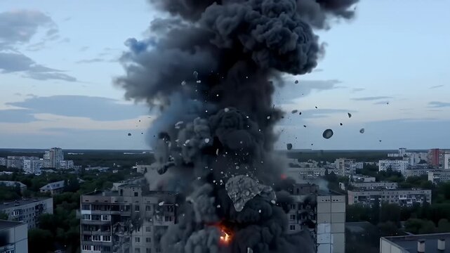 Residential Building Engulfed in a Massive Explosion With Smoke and Debris Rising Against a Twilight Sky