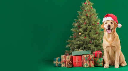 Cute dog sitting next to Christmas presents on the green background