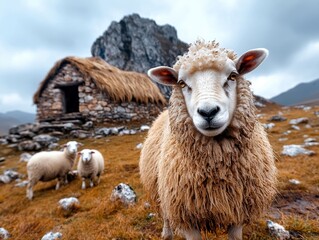 Obraz premium Fluffy Sheep in Mountain Pasture