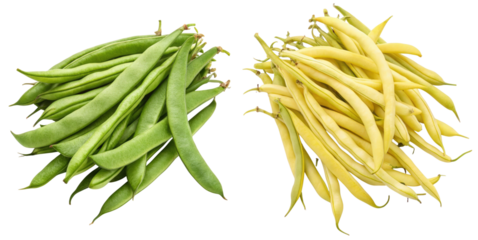Fresh handful of flat beans on a white background showcasing vibrant green and yellow colors