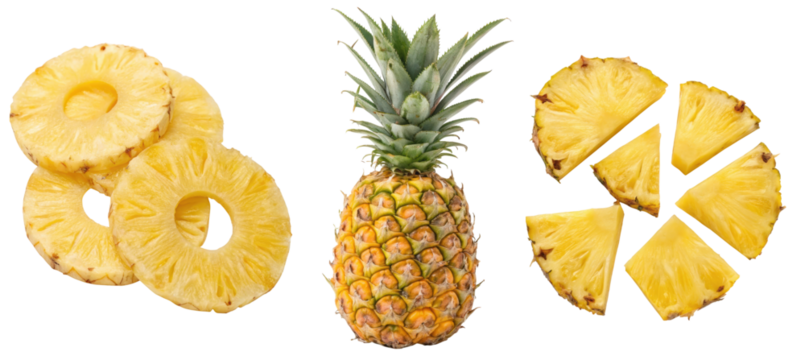 Fresh pineapple and pineapple slices arranged on a white background highlighting vibrant colors and shapes