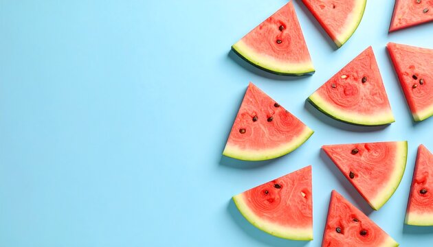 Juicy Watermelon Slices on Bright Blue Background with Summer Refreshment. - Powered by Adobe