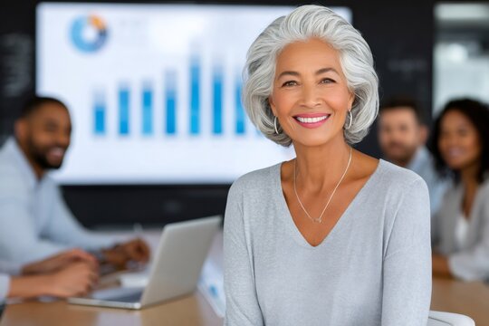 Senior businesswoman smiling during a meeting with colleagues analyzing graphs - Powered by Adobe