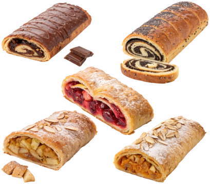 Assorted strudels with various fillings on a white background