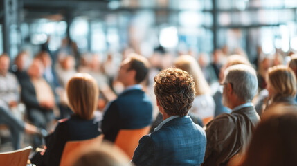 Audience members attentively watching a presentation in a large conference room setting indoors