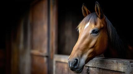 A beautiful chestnut horse with a white blaze looks out from its stable, capturing the tranquility of barn life.