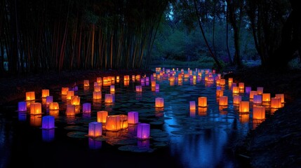 futuristic glowing lanterns floating in river at night