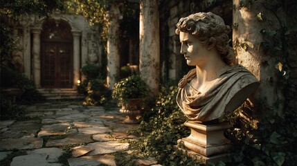 Fototapeta premium Classical bust sculpture illuminated by golden hour sunlight with ancient columns and lush ivy in the background
