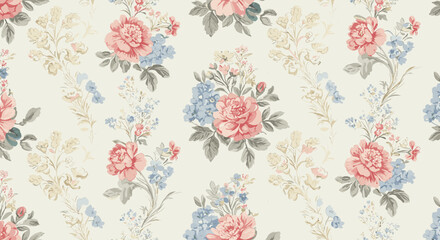 Romantic floral pattern features pink roses, blue hydrangeas and cream wildflowers on a light background, soft and charming