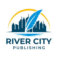 Modern Publishing Logo with City Skyline, River, and Feather Pen