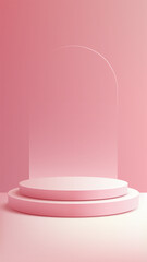 pink minimal product display with circular podiums and arched transparent panel in modern studio for elegant branding mockup showroom presentation or cosmetic showcase