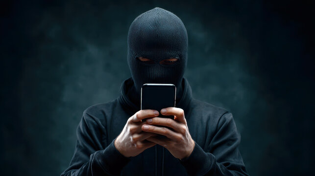 A masked figure cloaked in black, shrouded in shadows, uses a smartphone. - Powered by Adobe