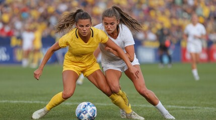 Dynamic women soccer match featuring intense player competition on field