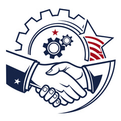Handshake with gear and american flag star representing business agreement isolated on white background