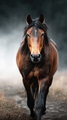 Majestic brown horse walks confidently through misty landscape in early morning light
