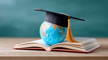 Globe sits on top of a book with a black cap on it. The globe is surrounded by a yellow ribbon. Concept of education and learning, as the globe represents the world and the book represents knowledge