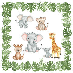 Fototapeta premium Adorable jungle animals framed by vibrant green monstera leaves create a whimsical, child-friendly scene.