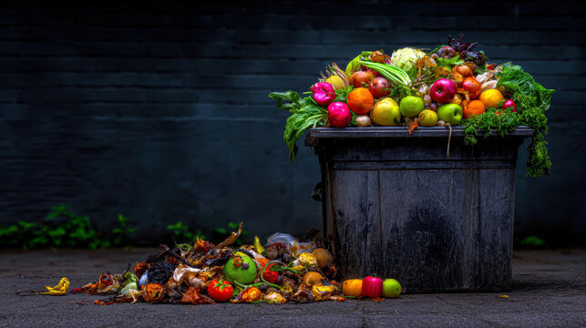An overflowing garbage bin filled with discarded fruits and vegetables highlights the global problem of food waste and its environmental impact. - Powered by Adobe