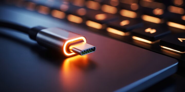 Close up of a type c usb cable connector on a laptop keyboard