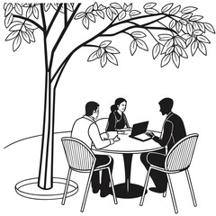 Illustration of people meeting outdoor under a tree, isolated on white background, discussing business