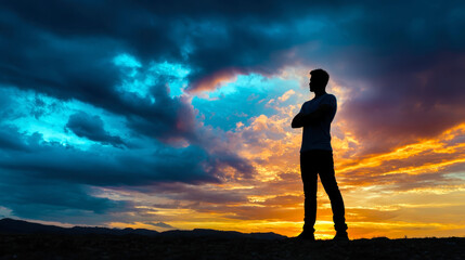 Obraz premium Silhouette of a man standing against a vibrant sunset sky with dramatic clouds.