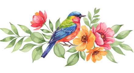 Fototapeta premium Watercolor bird illustration with vibrant plumage nestled among blooming flowers and lush green leaves in a serene composition