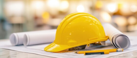 The bright yellow hard hat resting on blueprints and a pencil.