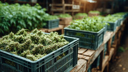 Harvested hemp plants in wooden crates. The scene shows lush green cannabis leaves, ready for processing in a warehouse environment.