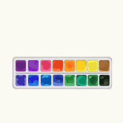 An overhead vector illustration of a watercolor paint set featuring vibrant, colorful, and artistically arranged paints for creative projects