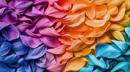 A close up view of a visually stunning arrangement of vibrant and colorful floral petals from various flowers creating a captivating natural pattern