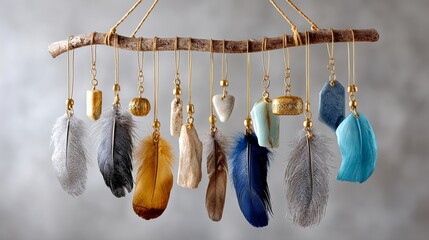 Hanging display of feathers and beads with a blue feather in the middle. The feathers are of different colors and sizes, and the beads are hanging from a branch. The display is a creative