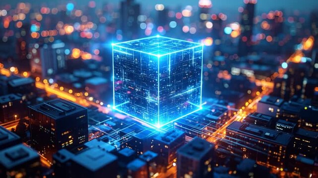 Futuristic city with glowing digital cube