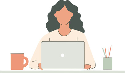 Woman working on laptop with coffee mug and pen holder on table vector illustration isolated on white background perfect for web design banner poster sticker