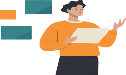 Young person holding document and gesturing vector illustration isolated on white background concept for print web design banner poster sticker card and textile