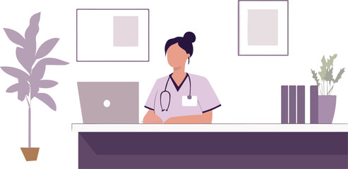 Fototapeta premium Female Doctor or Nurse Working on Laptop at Reception Desk Vector Illustration