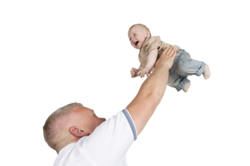 happy childhood, father and son, father throws the child up, happy child, the joy of the child, isolated object on transparent background, png