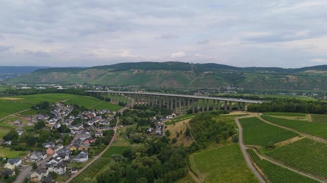 Moselle Viaduct Longuich, between Trier and Schweich, bridge of highway crossing the Mosel river in the valley, german autobahn, aerial view