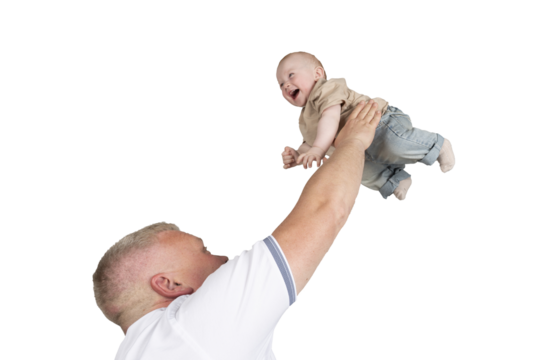 happy childhood, father and son, father throws the child up, happy child, the joy of the child, isolated object on transparent background, png