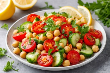 Healthy chickpea salad with cucumber and tomatoes decorated with parsley and lemon slices